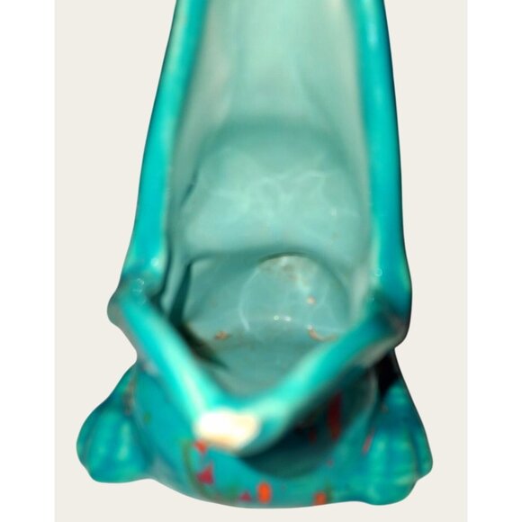 Vintage Turquoise Ceramic Bird Planter Orange Black Splatter - Picture 5 of 10